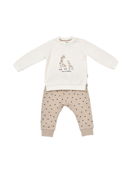 UP-BC-CSY2012-6,Set bluzita cu maneca lunga si panataloni lungi cu buline Girafa, BabyCosy, 100% bumbac organic, Ecru