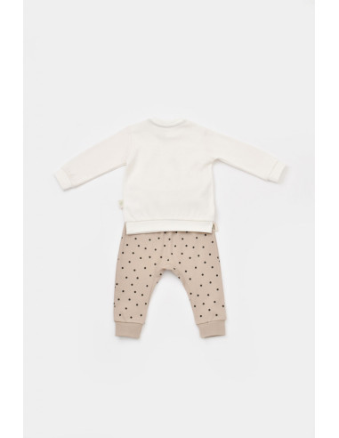 UP-BC-CSY2012-6,Set bluzita cu maneca lunga si panataloni lungi cu buline Girafa, BabyCosy, 100% bumbac organic, Ecru