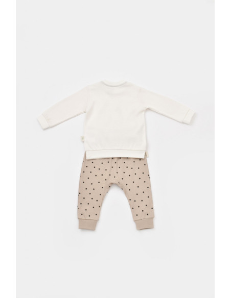 UP-BC-CSY2012-6,Set bluzita cu maneca lunga si panataloni lungi cu buline Girafa, BabyCosy, 100% bumbac organic, Ecru