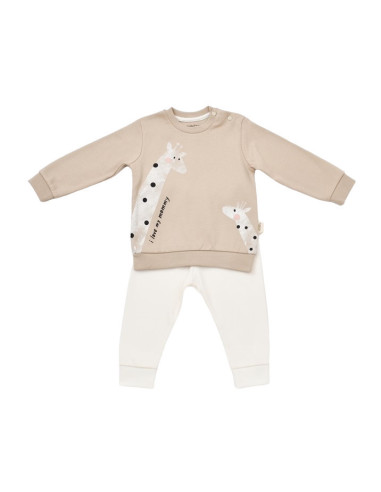 UP-BC-CSY2013-3,Set bluzita cu maneca lunga si panataloni lungi cu buline Girafa, BabyCosy, 100% bumbac organic, Mink