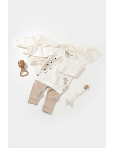 UP-BC-CSY2014-3,Set bluzita cu maneca lunga si panataloni lungi Girafa, BabyCosy, 100% bumbac organic, Ecru
