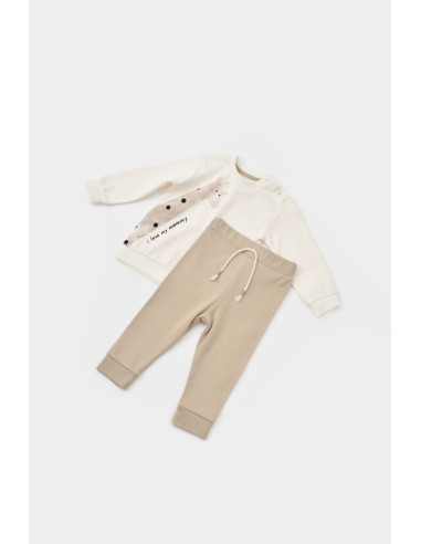 UP-BC-CSY2014-3,Set bluzita cu maneca lunga si panataloni lungi Girafa, BabyCosy, 100% bumbac organic, Ecru