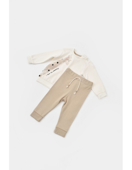 UP-BC-CSY2014-3,Set bluzita cu maneca lunga si panataloni lungi Girafa, BabyCosy, 100% bumbac organic, Ecru