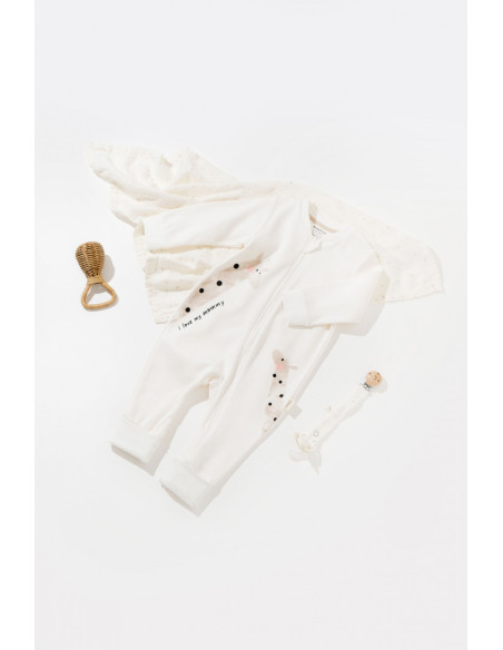 UP-BC-CSY3043-3,Salopeta cu fermoar Girafe, BabyCosy, 100% bumbac organic, Ecru