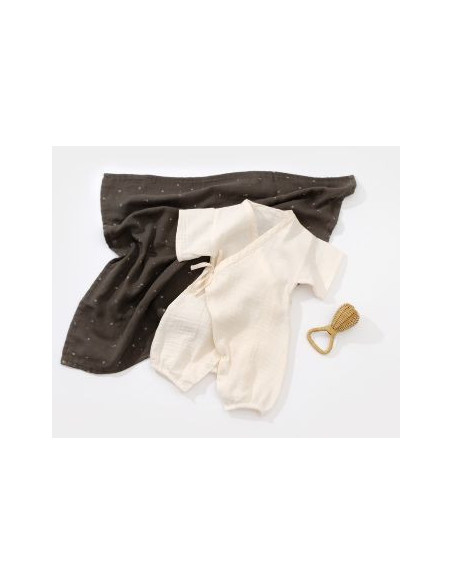 UP-BC-CSYM7000-3,Salopeta petrecuta din muselina, BabyCosy, 100% bumbac organic, Ecru (Marime: 3-6 Luni)