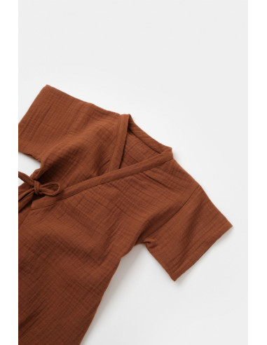 UP-BC-CSYM7001-6,Salopeta petrecuta din muselina, BabyCosy, 100% bumbac organic, Caramiziu