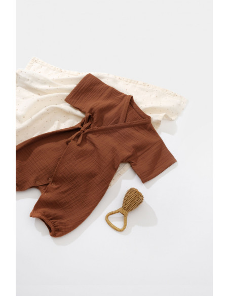 UP-BC-CSYM7001-6,Salopeta petrecuta din muselina, BabyCosy, 100% bumbac organic, Caramiziu