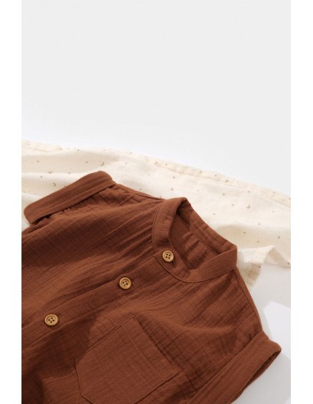 UP-BC-CSYM7004-3,Salopeta de vara din muselina, BabyCosy, 100% bumbac organic, caramiziu (Marime: 3-6 Luni)