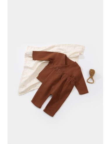 UP-BC-CSYM7013-6,Set bluzita petrecuta si panataloni lungi din muselina, Baby Cosy, 100% bumbac organic, Caramiziu