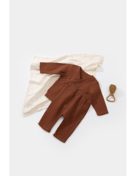 UP-BC-CSYM7013-6,Set bluzita petrecuta si panataloni lungi din muselina, Baby Cosy, 100% bumbac organic, Caramiziu