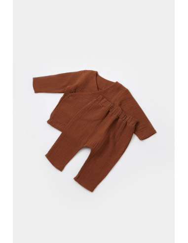 UP-BC-CSYM7013-6,Set bluzita petrecuta si panataloni lungi din muselina, Baby Cosy, 100% bumbac organic, Caramiziu