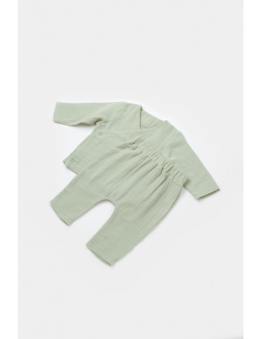 UP-BC-CSYM7014-3,Set bluzita petrecuta si panataloni lungi din muselina, Baby Cosy, 100% bumbac organic, Verde