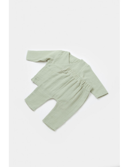 UP-BC-CSYM7014-3,Set bluzita petrecuta si panataloni lungi din muselina, Baby Cosy, 100% bumbac organic, Verde