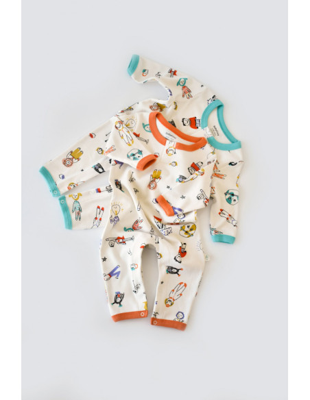 UP-BC-CSY5814-3,Set 2 salopetele cu maneca lunga si panataloni lungi - 100%bumbac organic - Portocaliu si Verde, Baby Cosy