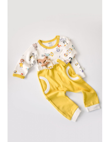 UP-BC-CSY2009-3,Set bluzita cu maneca lunga si panataloni lungi, 100% bumbac organic, BabyCosy, Galben