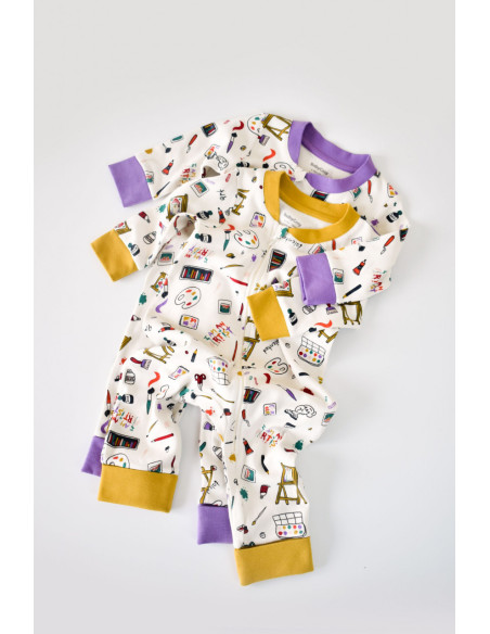 UP-BC-CSY5808-3,Set 2 salopetele cu maneca lunga si panataloni lungi cu fermoar - 100%bumbac organic - Galben si Mov, Baby Cosy