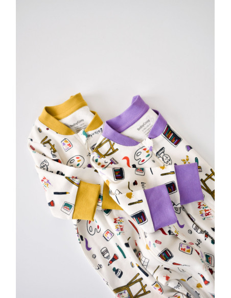 UP-BC-CSY5808-3,Set 2 salopetele cu maneca lunga si panataloni lungi cu fermoar - 100%bumbac organic - Galben si Mov, Baby Cosy