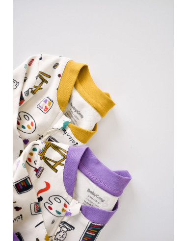UP-BC-CSY5808-3,Set 2 salopetele cu maneca lunga si panataloni lungi cu fermoar - 100%bumbac organic - Galben si Mov, Baby Cosy