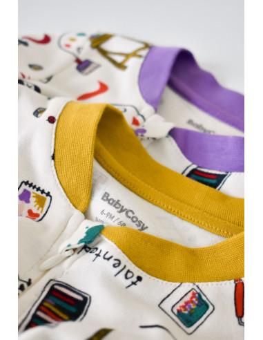 UP-BC-CSY5808-3,Set 2 salopetele cu maneca lunga si panataloni lungi cu fermoar - 100%bumbac organic - Galben si Mov, Baby Cosy