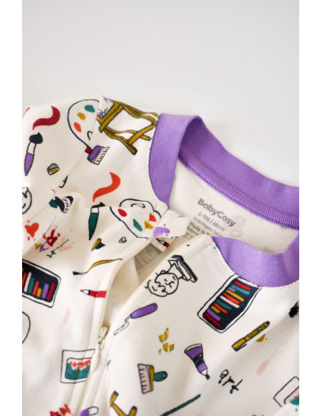 UP-BC-CSY5808-3,Set 2 salopetele cu maneca lunga si panataloni lungi cu fermoar - 100%bumbac organic - Galben si Mov, Baby Cosy