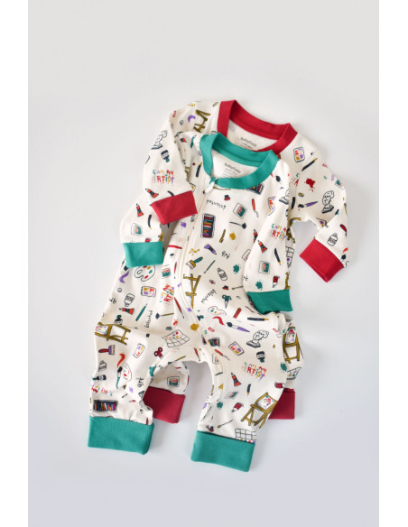 UP-BC-CSY5809-3,Set 2 salopetele cu maneca lunga si panataloni lungi cu fermoar - 100%bumbac organic - Rosu si Verde, Baby Cosy