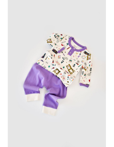 UP-BC-CSY2003-3,Set bluzita cu maneca lunga si nasturei si panataloni lungi, 100% bumbac organic, BabyCosy, Mov