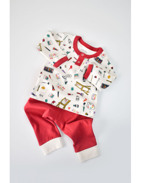 UP-BC-CSY2004-3,Set bluzita cu maneca lunga si nasturei si panataloni lungi, 100% bumbac organic, BabyCosy, Rosu