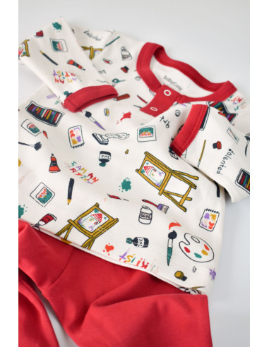 UP-BC-CSY2004-3,Set bluzita cu maneca lunga si nasturei si panataloni lungi, 100% bumbac organic, BabyCosy, Rosu