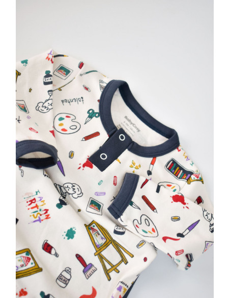 UP-BC-CSY2005-3,Set bluzita cu maneca lunga si nasturei si panataloni lungi, 100% bumbac organic, BabyCosy, Bleumarin
