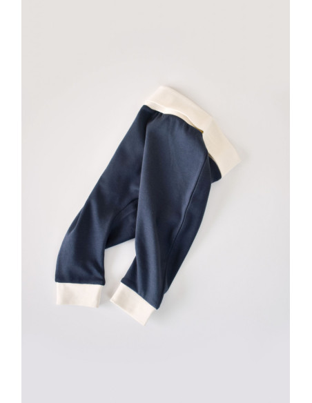 UP-BC-CSY2005-3,Set bluzita cu maneca lunga si nasturei si panataloni lungi, 100% bumbac organic, BabyCosy, Bleumarin
