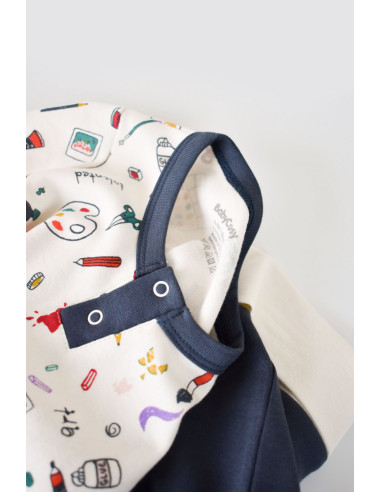 UP-BC-CSY2005-3,Set bluzita cu maneca lunga si nasturei si panataloni lungi, 100% bumbac organic, BabyCosy, Bleumarin