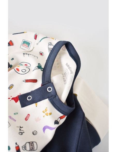 UP-BC-CSY2005-3,Set bluzita cu maneca lunga si nasturei si panataloni lungi, 100% bumbac organic, BabyCosy, Bleumarin