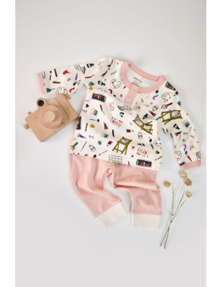UP-BC-CSY2006-3,Set bluzita cu maneca lunga si nasturei si panataloni lungi, 100% bumbac organic, BabyCosy, Pudra