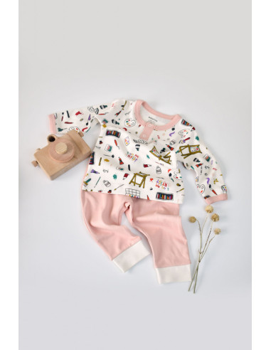 UP-BC-CSY2006-3,Set bluzita cu maneca lunga si nasturei si panataloni lungi, 100% bumbac organic, BabyCosy, Pudra