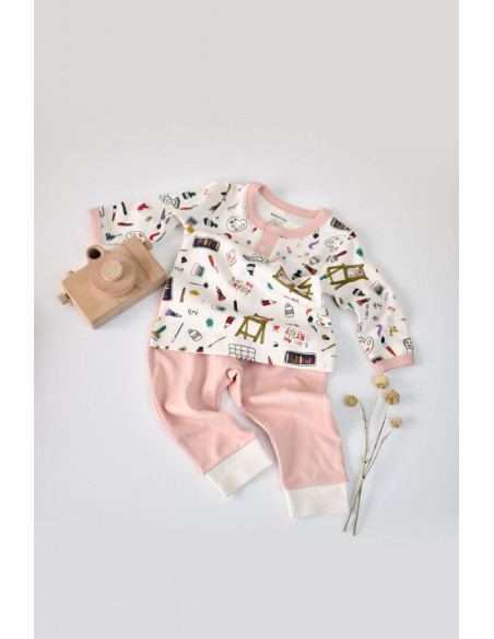 UP-BC-CSY2006-3,Set bluzita cu maneca lunga si nasturei si panataloni lungi, 100% bumbac organic, BabyCosy, Pudra