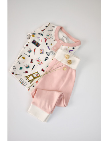 UP-BC-CSY2006-3,Set bluzita cu maneca lunga si nasturei si panataloni lungi, 100% bumbac organic, BabyCosy, Pudra