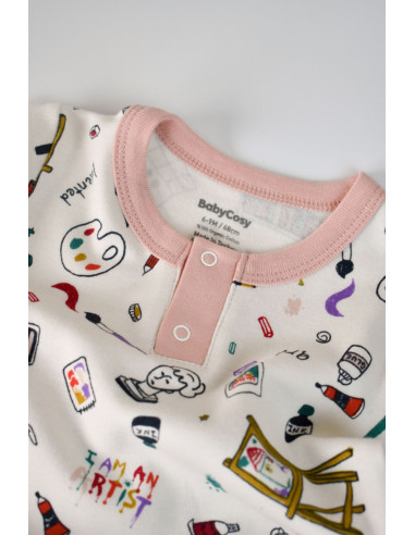 UP-BC-CSY2006-3,Set bluzita cu maneca lunga si nasturei si panataloni lungi, 100% bumbac organic, BabyCosy, Pudra