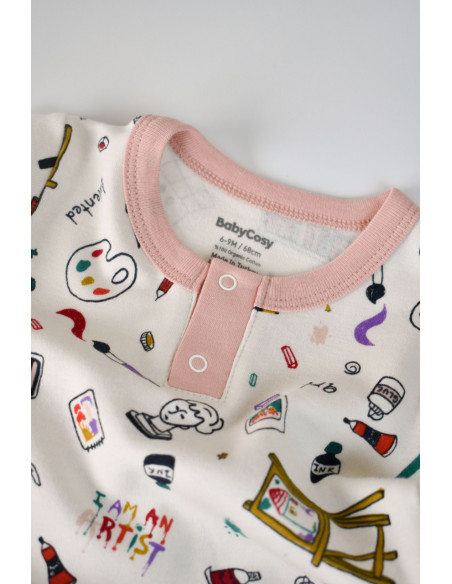 UP-BC-CSY2006-3,Set bluzita cu maneca lunga si nasturei si panataloni lungi, 100% bumbac organic, BabyCosy, Pudra