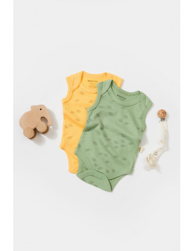 UP-BC-CSYM11116-0,Set 2 body-uri fara maneci Printed, BabyCosy, 50% modal+50% bumbac, Lamaie/Verde (Marime: 0-3 Luni)