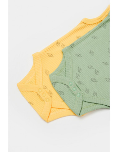 UP-BC-CSYM11116-0,Set 2 body-uri fara maneci Printed, BabyCosy, 50% modal+50% bumbac, Lamaie/Verde (Marime: 0-3 Luni)
