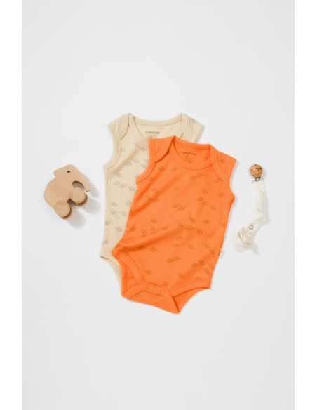 UP-BC-CSYM11117-0,Set 2 body-uri fara maneci Printed, BabyCosy, 50% modal+50% bumbac, Stone/Apricot (Marime: 0-3 Luni)
