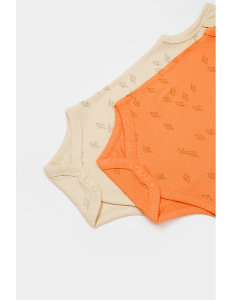 UP-BC-CSYM11117-0,Set 2 body-uri fara maneci Printed, BabyCosy, 50% modal+50% bumbac, Stone/Apricot (Marime: 0-3 Luni)