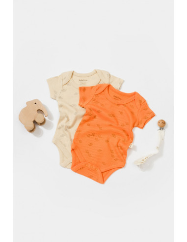 UP-BC-CSYM11217-0,Set 2 body-uri Printed, BabyCosy, 50% modal+50% bumbac, Stone/Apricot (Marime: 0-3 Luni)