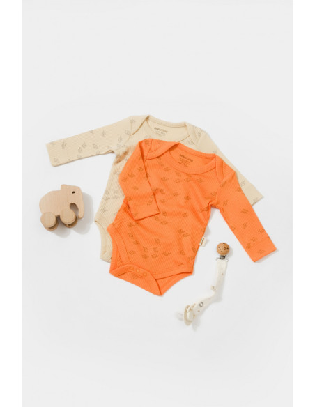 UP-BC-CSYM11317-0,Set 2 body-uri cu maneca lunga Printed, BabyCosy, 50% modal+50% bumbac, Stone/Apricot (Marime: 0-3 Luni)