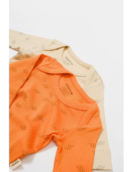 UP-BC-CSYM11317-0,Set 2 body-uri cu maneca lunga Printed, BabyCosy, 50% modal+50% bumbac, Stone/Apricot (Marime: 0-3 Luni)