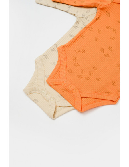 UP-BC-CSYM11317-0,Set 2 body-uri cu maneca lunga Printed, BabyCosy, 50% modal+50% bumbac, Stone/Apricot (Marime: 0-3 Luni)