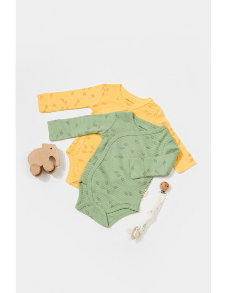 UP-BC-CSYM11319-0,Set 2 body-uri petrecute Printed, BabyCosy, 50% modal+50% bumbac, Lamaie/Verde (Marime: 0-3 Luni)