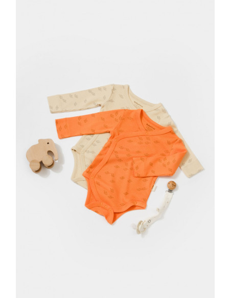 UP-BC-CSYM11320-0,Set 2 body-uri petrecute Printed, BabyCosy, 50% modal+50% bumbac, Stone/Apricot (Marime: 0-3 Luni)