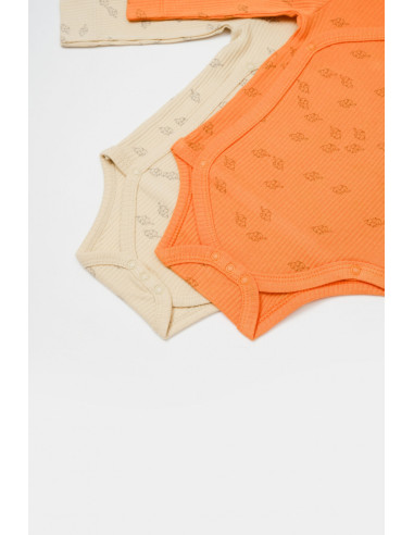 UP-BC-CSYM11320-0,Set 2 body-uri petrecute Printed, BabyCosy, 50% modal+50% bumbac, Stone/Apricot (Marime: 0-3 Luni)