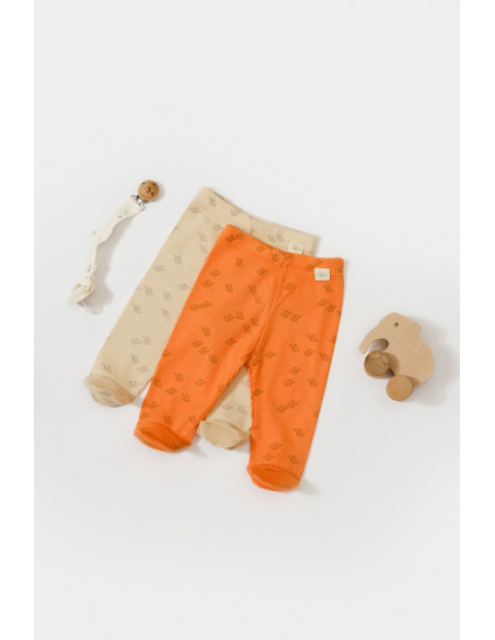 UP-BC-CSYM11616-0,Set 2 pantalonasi cu botosei Printed, BabyCosy, 50% modal+50% bumbac, Stone/Apricot